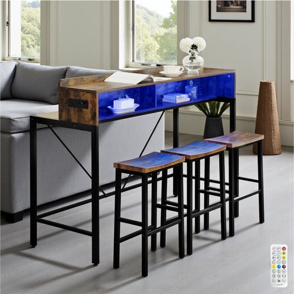 GZXS 59" Sofa Table Bar Set with Power Outlet and LED Lights, 3 Saddle Stools, 4-Piece Farmhouse Console Pub Table Set Behind Couch for Living Room, Brown