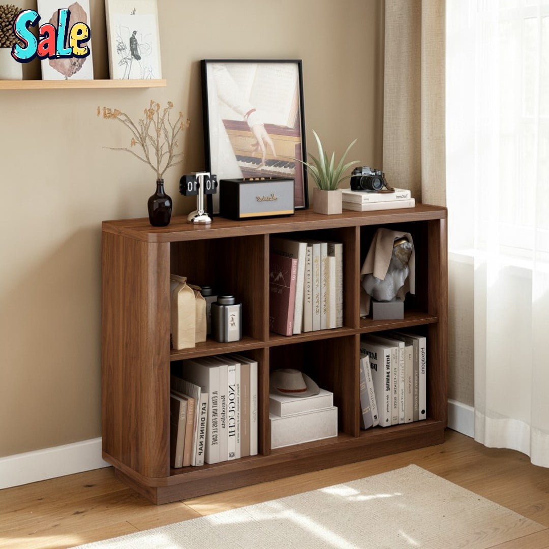 GZXS 6-Cube Horizontal Bookcase, 40.5” Wide Low Profile Bookshelf, Cubby Storage Organizer with Rounded Corners, Anti-Tip Device, Walnut, for Living Room/Bedroom/Entryway