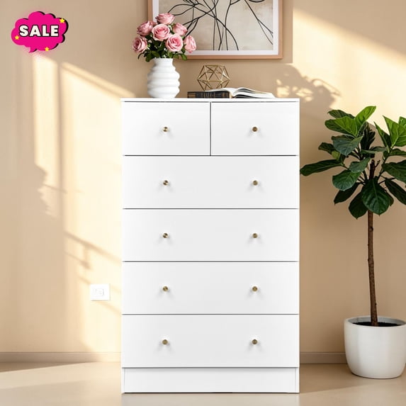 GZXS 6-Drawer Dresser for Bedroom, 43.9" Tall Modern Chest of Drawers for Closet, Hallway, Living Room, White