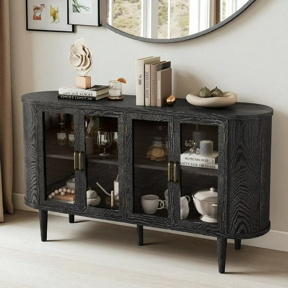 GZXS 60" Farmhouse Buffet Sideboard with 4 Glass Doors, Adjustable Shelves, Solid Wood Legs, Oval Storage Dining Cabinet w/ Magnetic Closures, Cable Management & Leveling Feet, Black