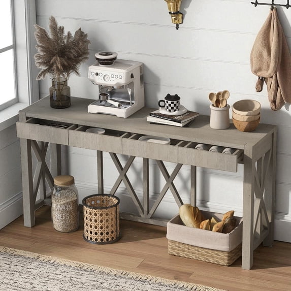 GZXS 60-Inch Modern Farmhouse Console Table with 4 Drawers and X-Leg Design, Acacia Veneer Top & Open Bottom Storage (Gray)