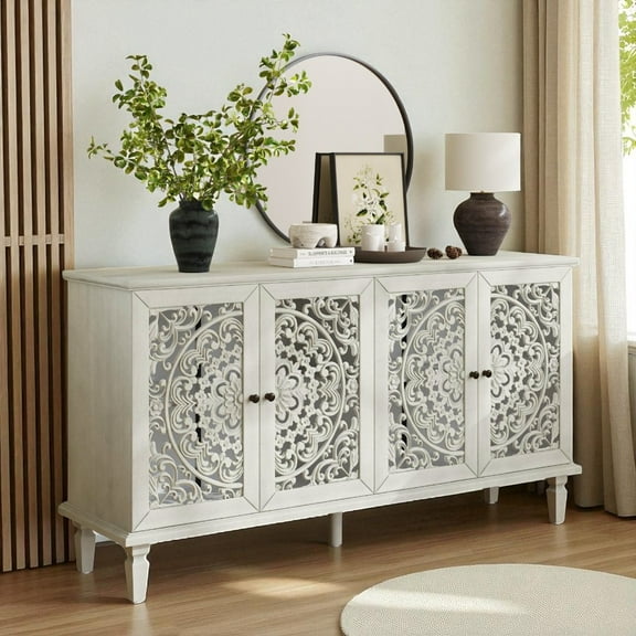 GZXS 60" Large Sideboard Buffet Cabinet with 4 Floral Carved Doors, Solid Wood Legs, Antique Brass Handles & Adjustable Shelves, Farmhouse Media Console for 65" TV, Living/Dining Room, Antique White