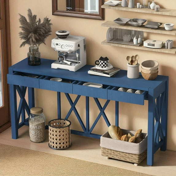 GZXS 60" Long Wood Console Table with 4 Drawers and X-Leg Design, Spacious Open Base for Entryway, Hallway, or Living Room (Navy Blue)