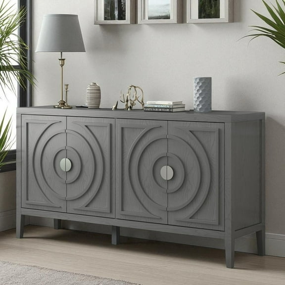 GZXS 60" Retro Sideboard Buffet Cabinet, 4-Door Storage Console Cupboard with Circular Groove Design, Round Metal Handles & Adjustable Shelves, Gray