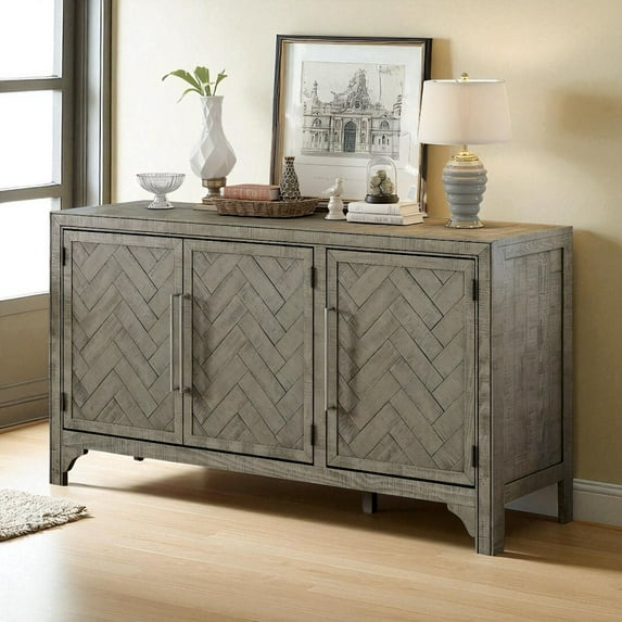 GZXS 60" Storage Sideboard with Pine Legs, Adjustable Shelves and Iron Handles, Classic American Style 3-Door Buffet Cabinet for Dining & Living Room, Gray