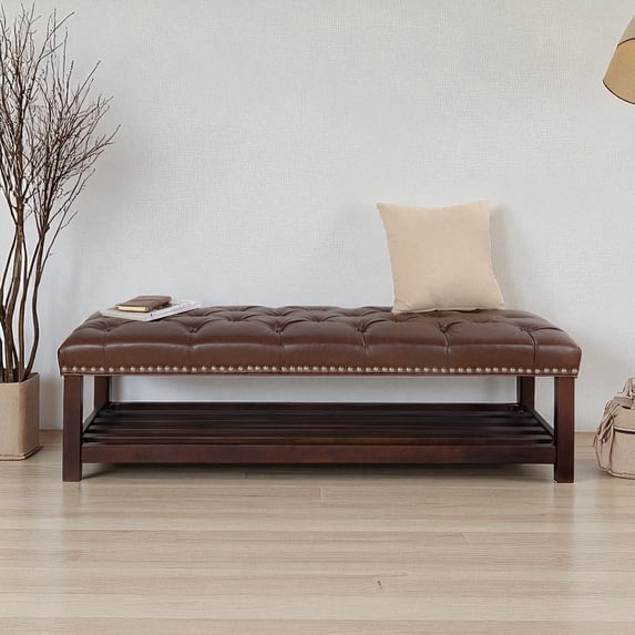 GZXS 60" Upholstered PU Leather Bench with Padded Seat and Storage Shelf, Nailhead Trim, Solid Wood Legs, Weight Capacity 220 lbs, Bedroom or Hallway Footstool (Dark Brown)