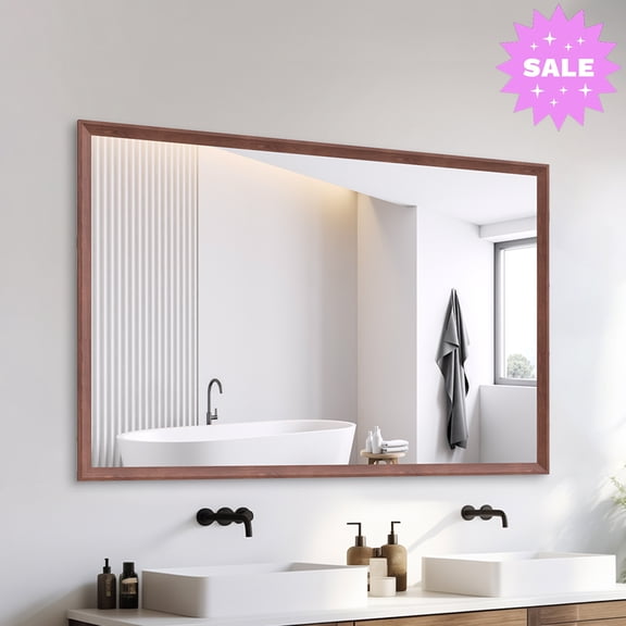 GZXS 60"x40" Oversized Bathroom Mirror with Walnut Aluminum Frame & Explosion-Proof Glass, Easy Install Vertical/Horizontal Wall Mirror for Bathroom, Bedroom, Living Room