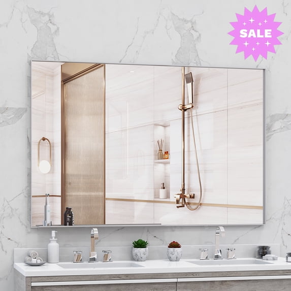 GZXS 60"x40" Oversized Bathroom Wall Mirror with Removable Shelf & Silver Aluminum Frame, Decorative Vanity Mirror, Horizontal/Vertical Hanging for Living Room, Bedroom, or Dressing Area