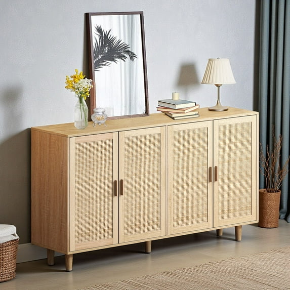 GZXS 62.2-Inch Rattan Buffet Cabinet with Storage, Bohemian 4-Door Sideboard w/ Adjustable Shelves and Solid Wood Legs, for Hallway, Living Room, Kitchen, Natural