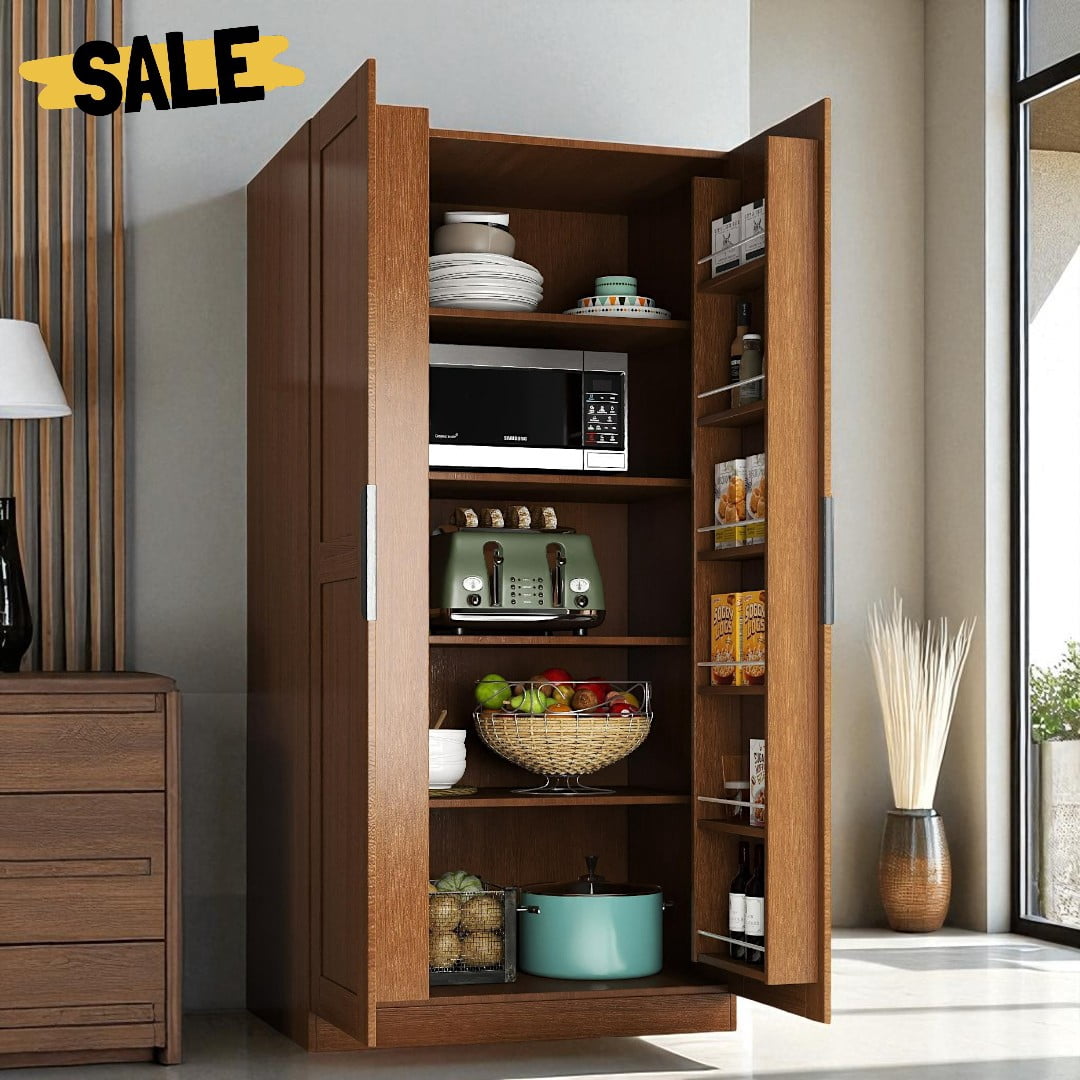 GZXS 63"H Kitchen Pantry Cabinet with Door Racks, Multi-Level Interior Shelves, and Back Cable Management Holes, Wooden Freestanding Buffet Cupboard for Home Kitchen, Dining, or Living Room (Brown)