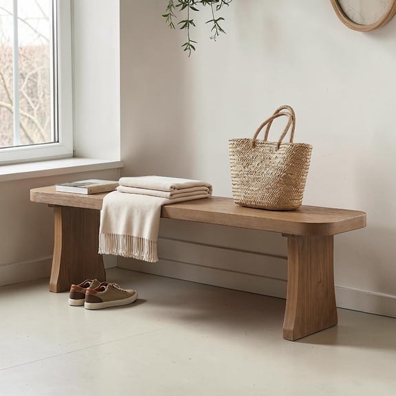 GZXS 63 Inch Wooden Dining Bench in Natural Finish, Solid Pine Construction, Rounded Rectangle Top & Flared Legs Design, 350 lbs Load Capacity, for Living Room/Mudroom/Patio