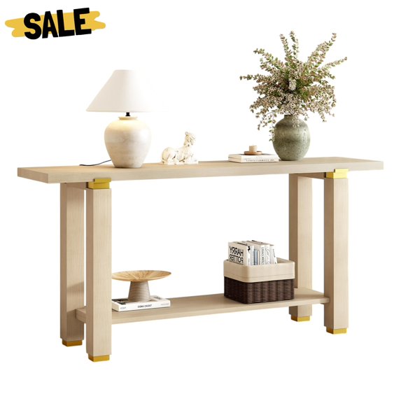 GZXS 63" Minimalist Console Table with Bottom Shelf, 2-Tier Entryway Sofa Table for Hallway, Living Room, Foyer, Corridor – Solid Pine Legs, MDF Top, Gold Metal Accents (Natural)