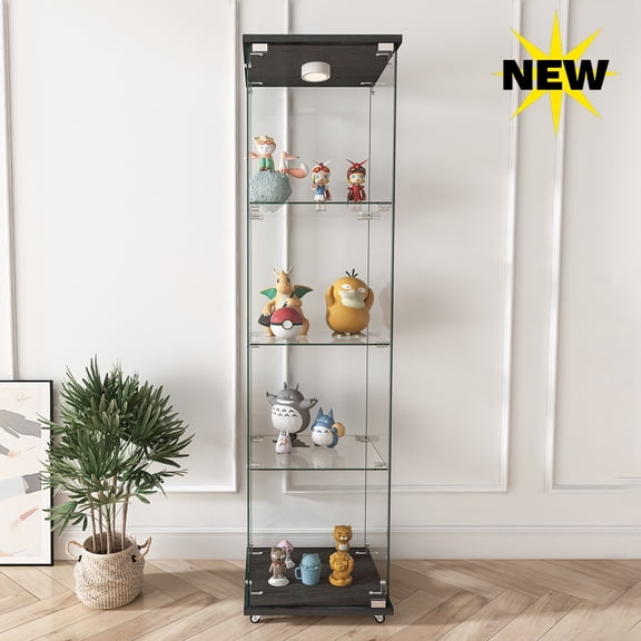 GZXS 64.45"H Glass Display Cabinet with 4 Shelves, Curio Cabinets for Living Room, Bedroom, Office, Black Floor Standing Glass Bookshelf, Quick Installation