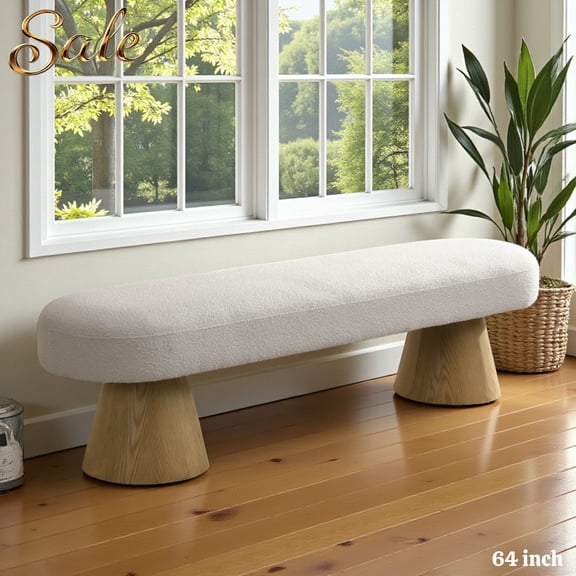 GZXS 64" Long Upholstered Bench in Beige Boucle, No Assembly Padded Seating Bench for Bedroom, Living Room and Hallway