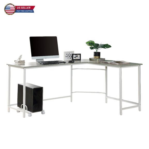 GZXS 66" L-Shaped Computer Desk with Rolling CPU Holder – Space-Saving Modern Corner Workstation, White Metal Frame, Bevel Edge Design (Gray)