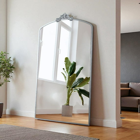 GZXS 66" x 36" Vintage Arched Full Length Mirror, Oversized Floor Mirror with Antique Silver Metal Frame – Wall or Floor Standing Dressing Mirror for Bedroom, Entryway, Living Room, Boutique