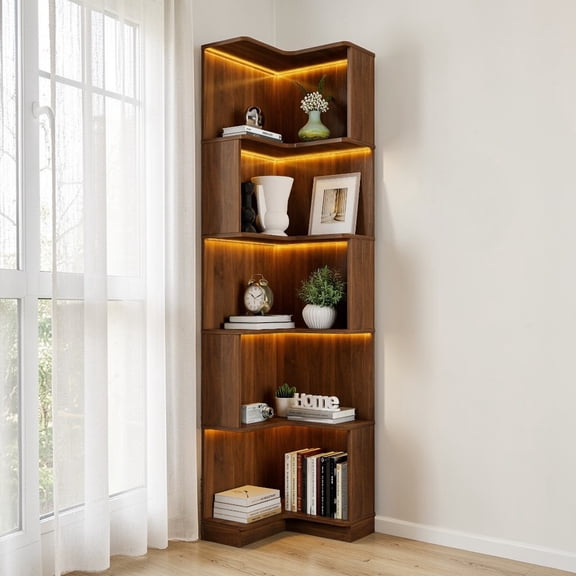 GZXS 68.9 Inch Tall Corner Bookshelf, 5-Tier Space-Saving LED Bookcase with Light & Buffle Design, for Small Rooms/Living Room/Office, Walnut