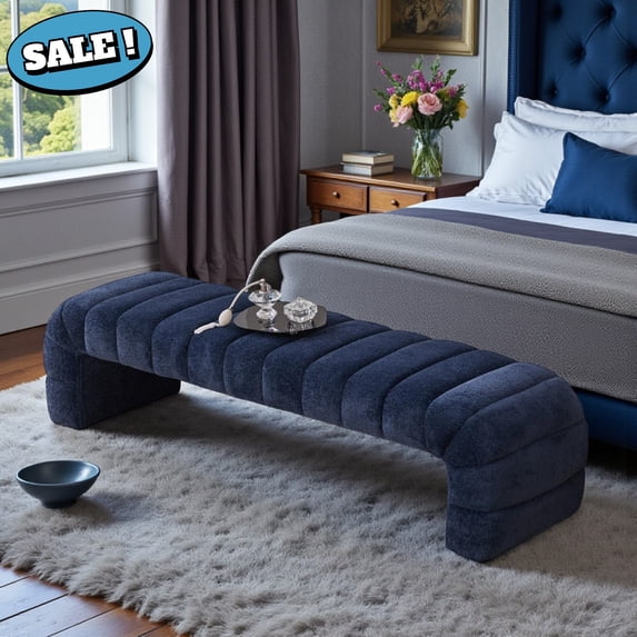 GZXS 69.7-Inch Extra Long Upholstered Bench, Channel Tufted Chenille End of Bed Setting Bench for Bedroom, Easy to Assemble, Navy