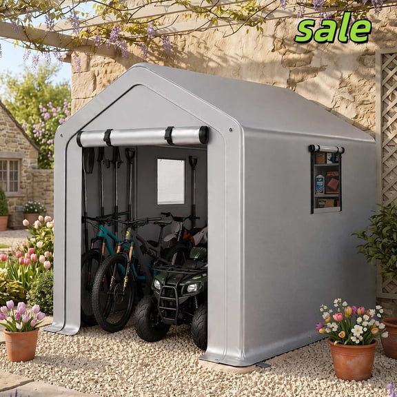 GZXS 6ftx10ft Storage Shed with 2 Roll-up Windows, Outdoor Carport Shelter Sheds, Weather Resistance Bike Tent, Silver Gray
