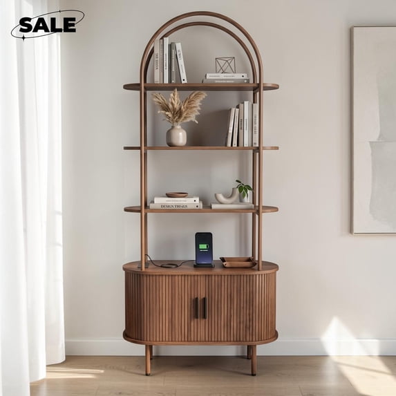 GZXS 70.8" Tall Arched Bookshelf with Charging Station, Display Cabinet with Open Shelves and 2 Doors for Home Office, Walnut