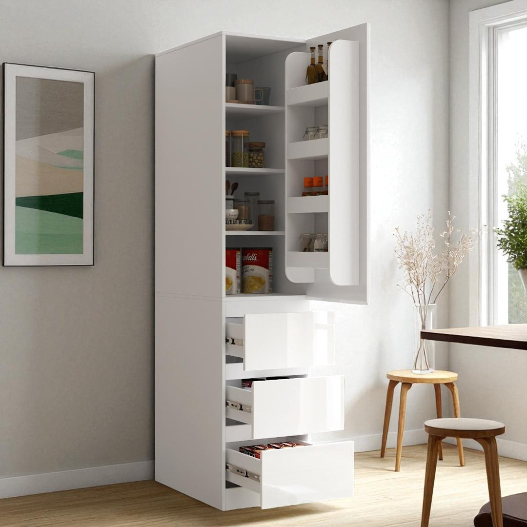 GZXS 70.87" Tall White Pantry Cabinet with 4 Door Shelves, Adjustable Interior Shelves, 3 Drawers, Freestanding Narrow Cupboard for Kitchen, Dining, Living Room, Bedroom
