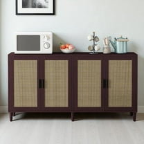 GZXS 70" Wide Farmhouse Sideboard with 4 Rattan Doors, Adjustable Shelves, and Solid Wood Legs, Modern Buffet Storage Cabinet for Kitchen, Living Room, Dining Room, Entryway (Brown)
