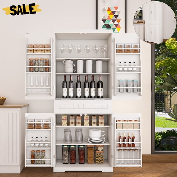 GZXS 71.65" Tall Kitchen Pantry Cabinet with Drawer, Door Racks & Adjustable Shelves, Freestanding Storage Cupboard for Dining Room, Living Room, or Hallway, White