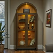 GZXS 71 Tall Arched Cabinet with LED Light Strip, Kitchen Pantry Storage Cabinet with Glass Doors & Adjustable Shelves, Modern 5-Tier Display Bookcase for Living Room, Dining Room, Brown