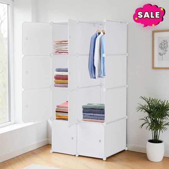 GZXS 8 Cube Storage Organizer with Doors, DIY Plastic Closet Shelf with Hanging Rods, Modular Bookshelf for Bedroom, Living Room, Easy Assembly, White