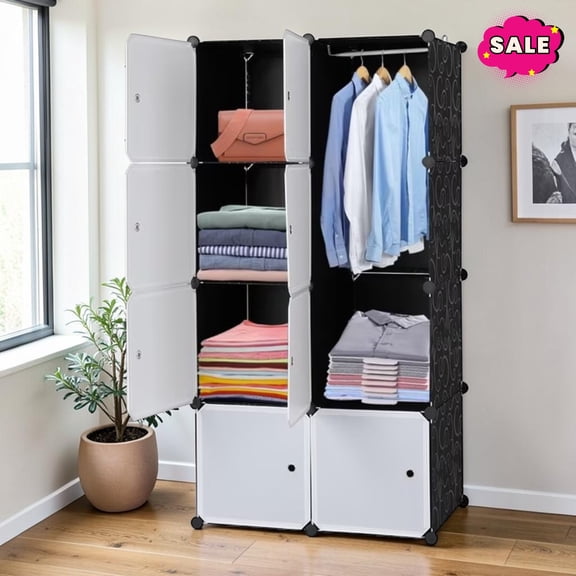 GZXS 8-Cube Storage Organizer, Stackable Plastic Modular Closet Cabinet with Doors, Shelving Unit with Hanging Rods for Bedroom, Black