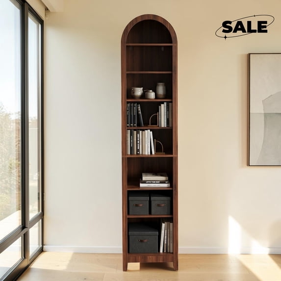 GZXS 8-Tier Bookcase, 70" Tall Bookshelf with Arched Top, Freestanding Display Rack for Living Room, Bedroom, Walnut