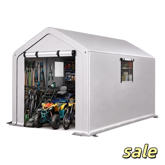 GZXS 8' x 10' Outdoor Storage Shed, Bike Shelter with Roll-Up Zipper Door and Windows, Waterproof Portable Tent for Motorcycles, Bikes and Garden Tools, Silver Gray