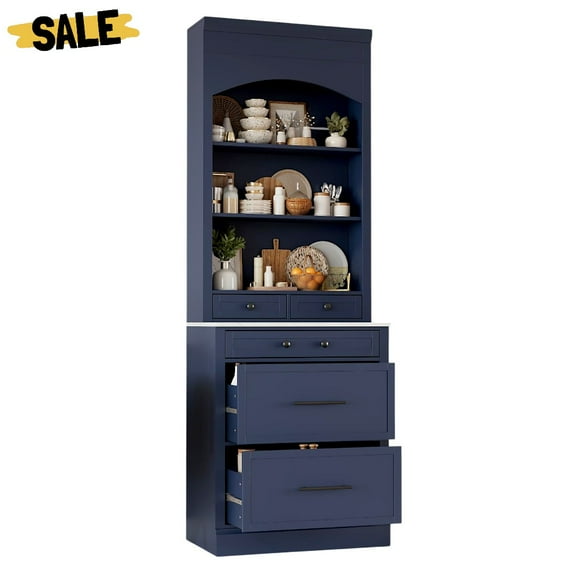 GZXS 83.7" Tall Pantry Cabinet with Hutch, 5 Drawers and Adjustable Shelves, Faux Marble Top, Modern Freestanding Space-Saving Kitchen & Dining Storage, Blue
