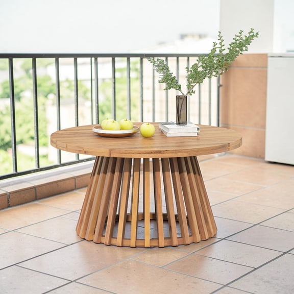 GZXS Acacia Wood Coffee Table in Light Teak, 31.5-Inch Round Patio Table with Pedestal Base, Outdoor/Indoor Use, Easy to Assemble