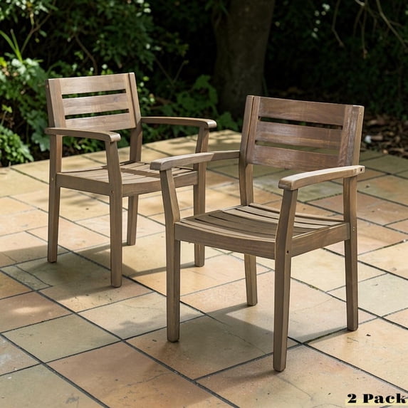GZXS Acacia Wood Dining Chair Set of 2, Outdoor Weather-Resistant Patio Armchairs with Slatted Seat and Back, 350lbs Weight Capacity, Gray