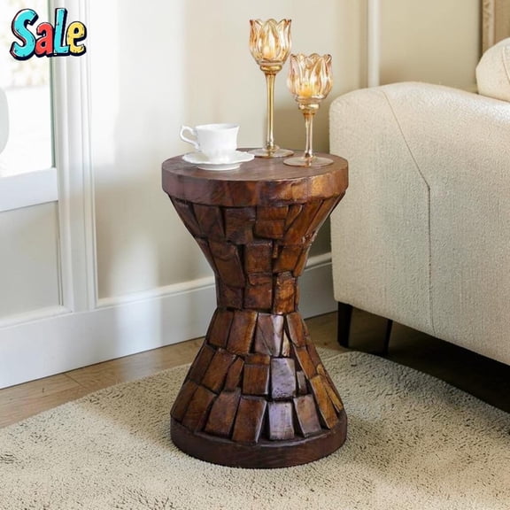 GZXS Accent End Table, 11.8" Hourglass Side Table with Textured Mosaic Design, No Assembly for Home Office, Living Room, Bedroom, Brown