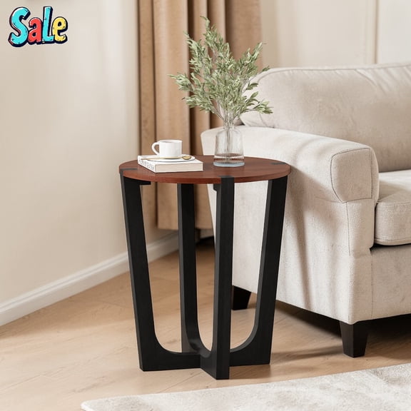 GZXS Accent End Table with Sturdy Cross Base, 22.2" Round Acacia Wood Nightstand/Side Table, for Living Room, Bedroom, Balcony, Office, Brown & Black