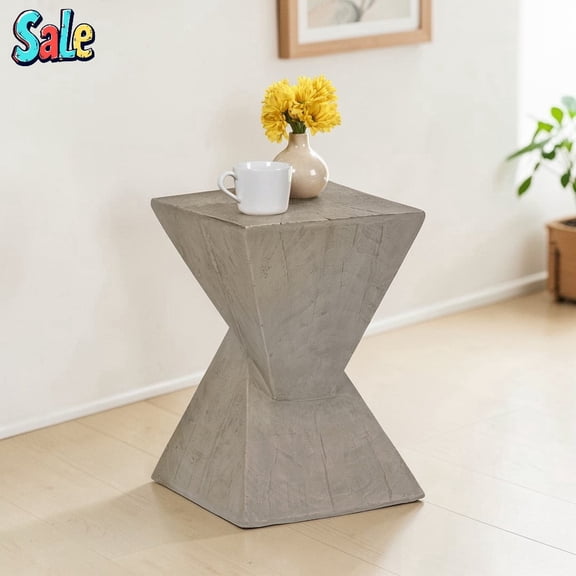 GZXS Accent Side Table in Sculptural Hourglass Design, All-Weather Modern End Table with Wood-Look Finish, Indoor/Outdoor Small Decorative Table, No Assembly, 18"H, Light Gray