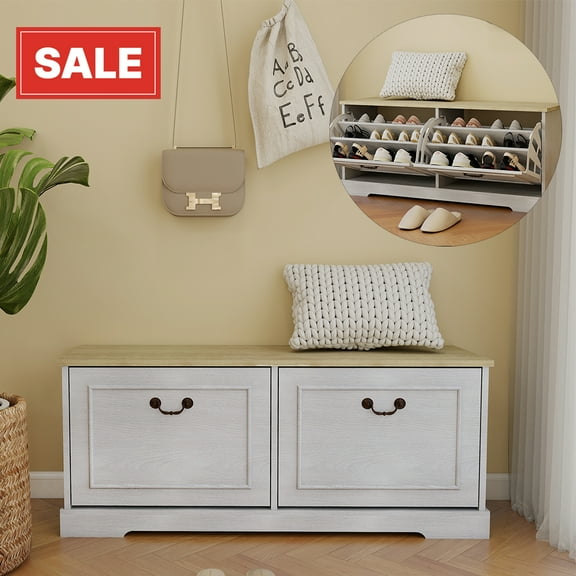 GZXS Antique White Modern Entryway Bench with 2 Flip Drawers, Wooden Storage Shoe Bench with Adjustable Shelf & Bronze Metal Handles, for Bedroom and Apartment, 41.33"L x 11.81"W x 17.71"H