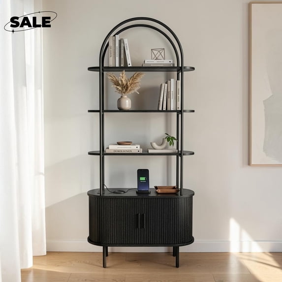 GZXS Arched Bookcase with Charging Station, 70.8"H Tall Bookshelves with Open Storage and 2 Doors, Display Rack for Living Room, Black