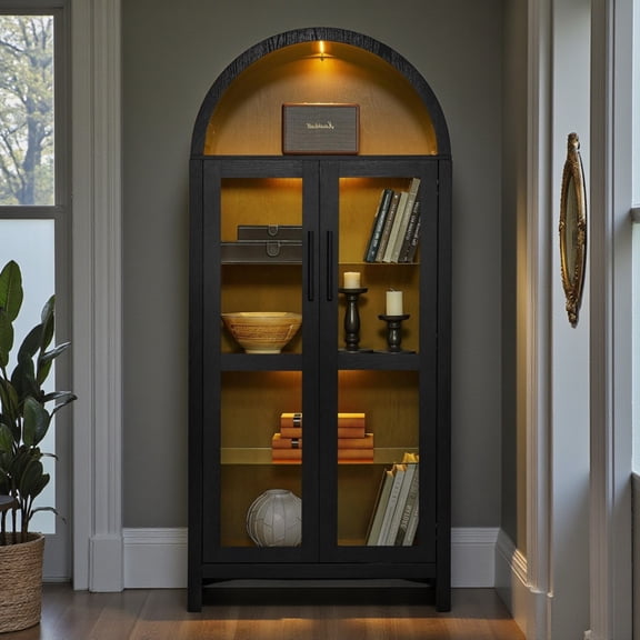 GZXS Arched Kitchen Pantry Cabinet with Glass Doors, Display Curio Case with LED Light Strip, Modern Retro 5-Tier Storage Hutch Cabinet for Kitchen & Dining Room, 30"L x 15.5"W x 67"H, Black