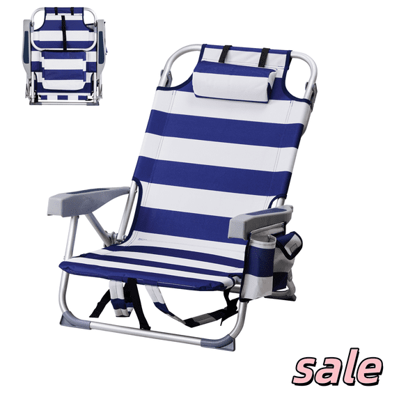 GZXS Backpack Beach Chairs with Pillow, Side Pocket and Cooler Pouch, Folding Chair with 5 Position Adjustable Backrest, Portable Camping Chair for Outdoor, Blue Stripes