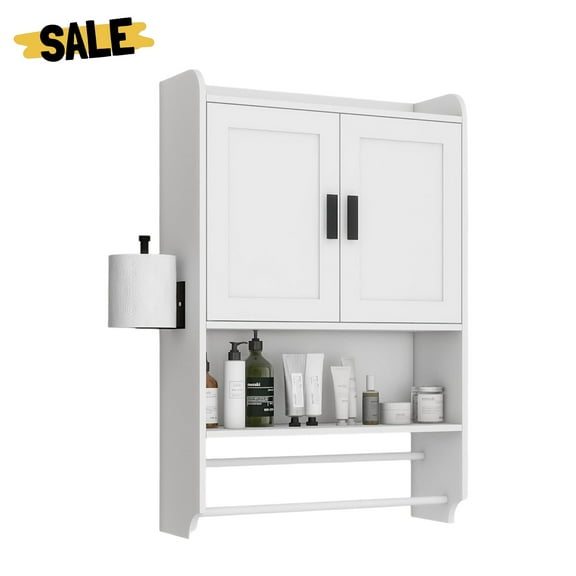 GZXS Bathroom Wall Mounted Storage Cabinet with 2 Doors, Adjustable Shelf, Side Roll-Paper Holder & Towel Bars, Space-Saving Over Toilet Medicine Cabinet, White