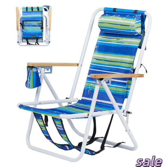 GZXS Beach Chair with 4 Positions Adjustable Backrest, Backpack Folding Chair, Portable Camping Chair with Cup Holder and Headrest, 330 Lbs Capacity, Blue & Green Stripes