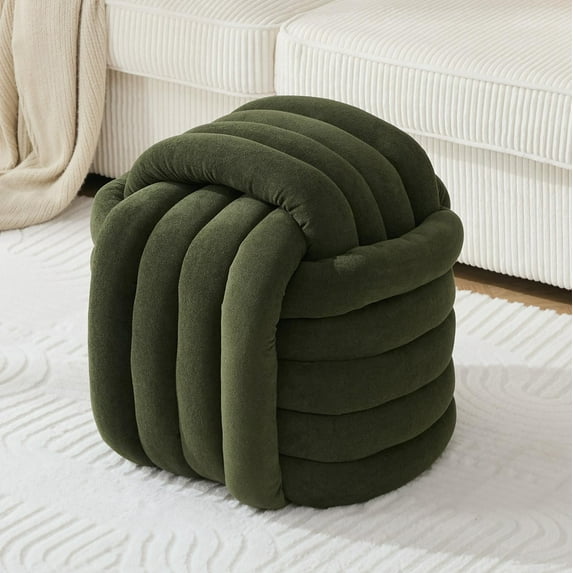 GZXS Beige Chenille Fabric Square Ottoman, Cube Makeup Stool & Upholstered Footrest with Wooden Frame, Comfy Accent Seat for Living Room or Bedroom