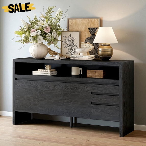 GZXS Black 3-Door Sideboard Buffet Cabinet with 3 Drawers and Semi-Open Shelf, 60-Inch Storage Credenza for Dining Room, Living Room, Entryway