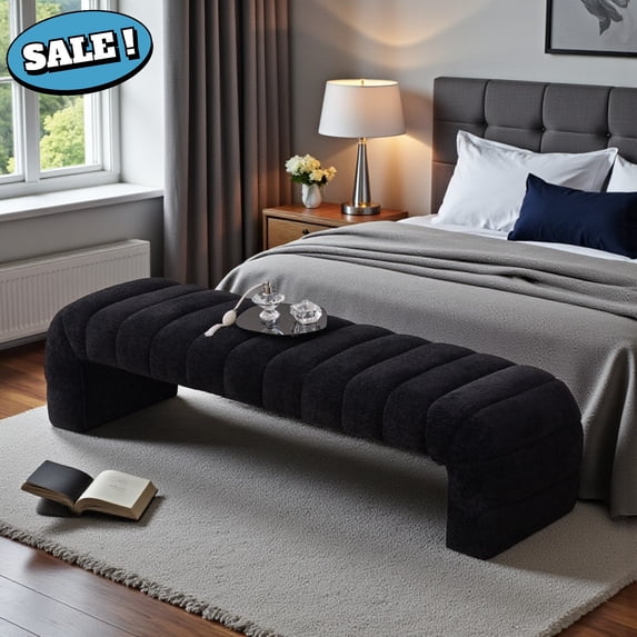 GZXS Black Chenille Upholstered Bench with Channel Tufting, 69.7" Modern Bench for Bedroom, Living Room or Entryway, Supports 300 lbs