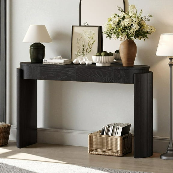 GZXS Black Console Table with 2 Drawers, Modern Farmhouse Oval Storage Sofa Table with Fluted Legs and Wood Grain Veneer, for Living Room or Hall