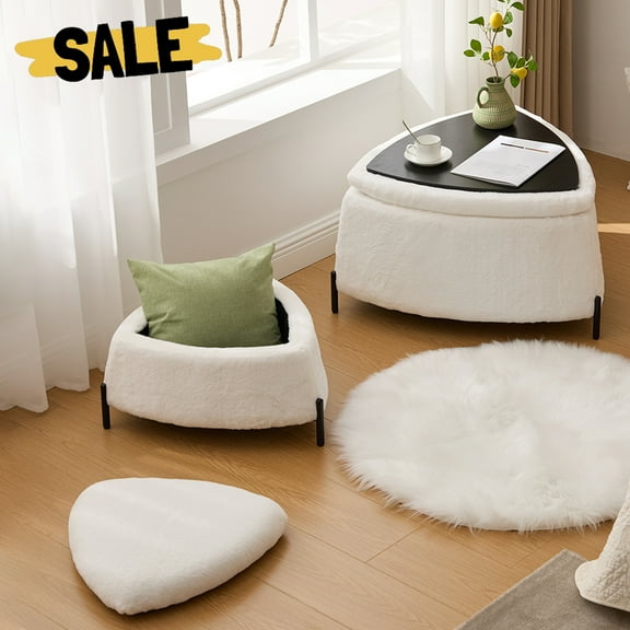 GZXS Black Faux Fur Storage Ottoman Set of 2, Modern Upholstered Triangle Footrest Stools with Metal Legs, Reversible-Lid Coffee Table w/ Hidden Storage, for Living Room, Bedroom, Entryway