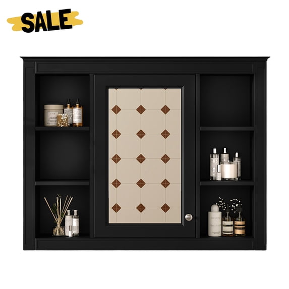 GZXS Black Medicine Cabinet, Wall-Mounted Wooden Cabinet with Mirror, Adjustable Interior Shelf and Side Open Storage, Modern Style, for Bathroom, Bedroom, Living Room